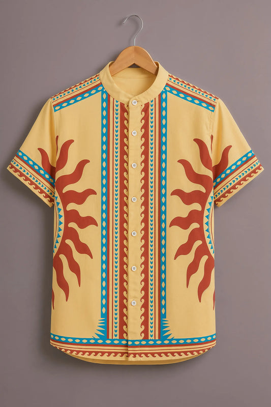 Premium Yellow Ethnic Print Mandarin Collar Shirt