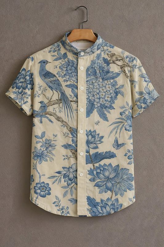 Premium Blue Floral Bird Print Mandarin Collar Shirt