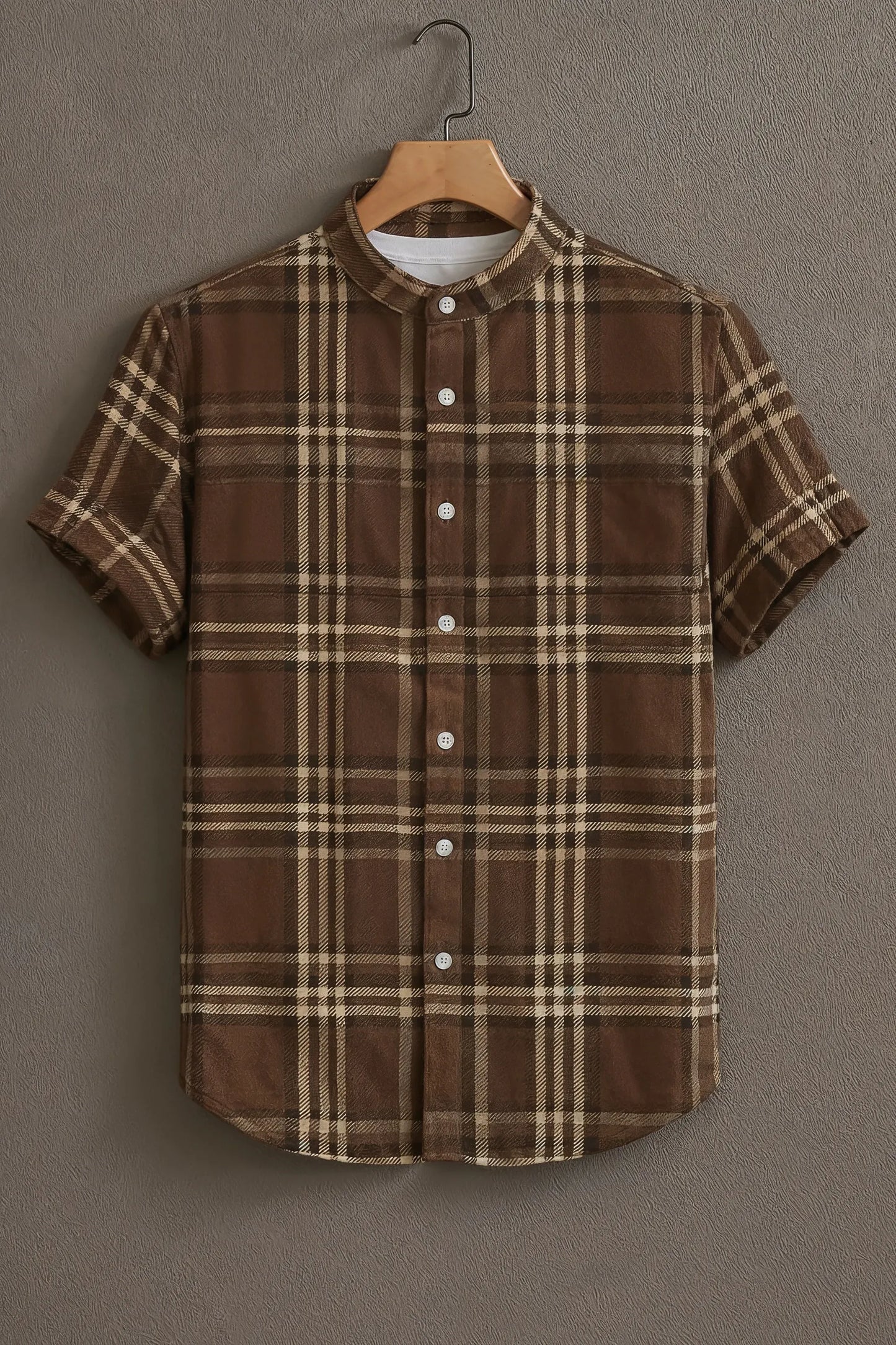 Premium Brown Beige Plaid Check Mandarin Collar Shirt