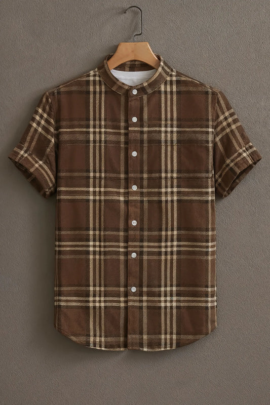 Premium Brown Beige Plaid Check Mandarin Collar Shirt