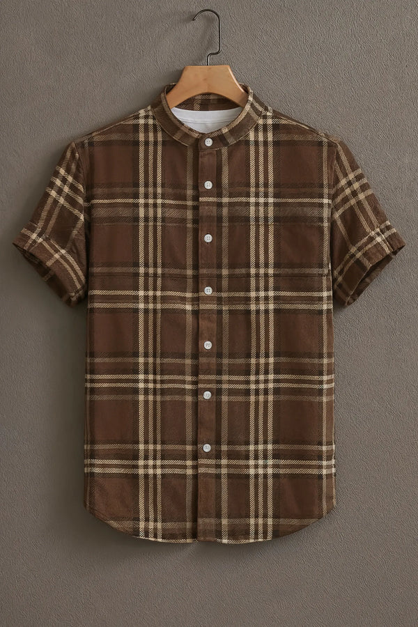 Premium Brown Beige Plaid Check Mandarin Collar Shirt