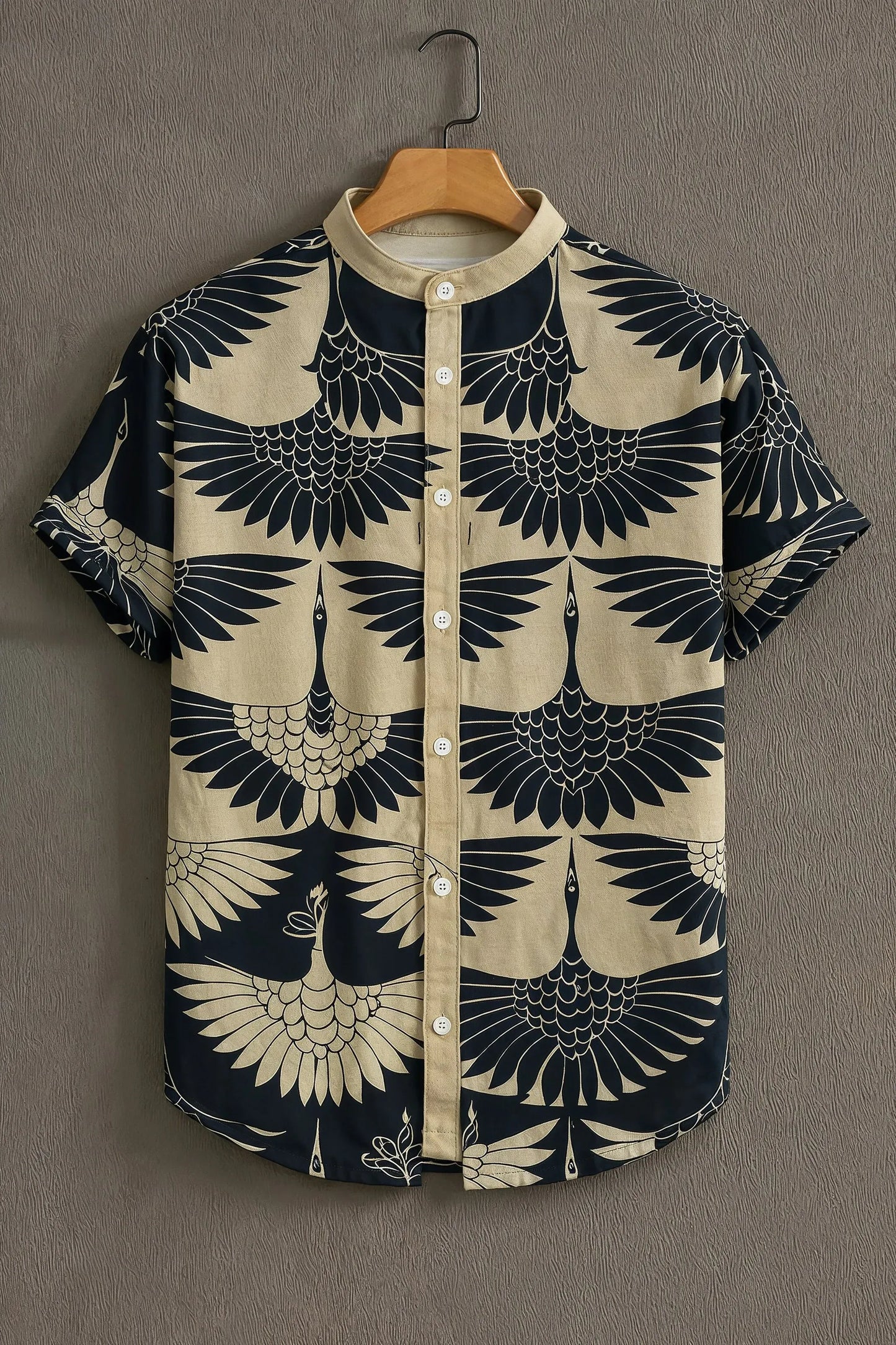 Premium Navy Beige Eagle Print Mandarin Collar Shirt