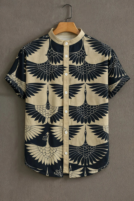 Premium Navy Beige Eagle Print Mandarin Collar Shirt