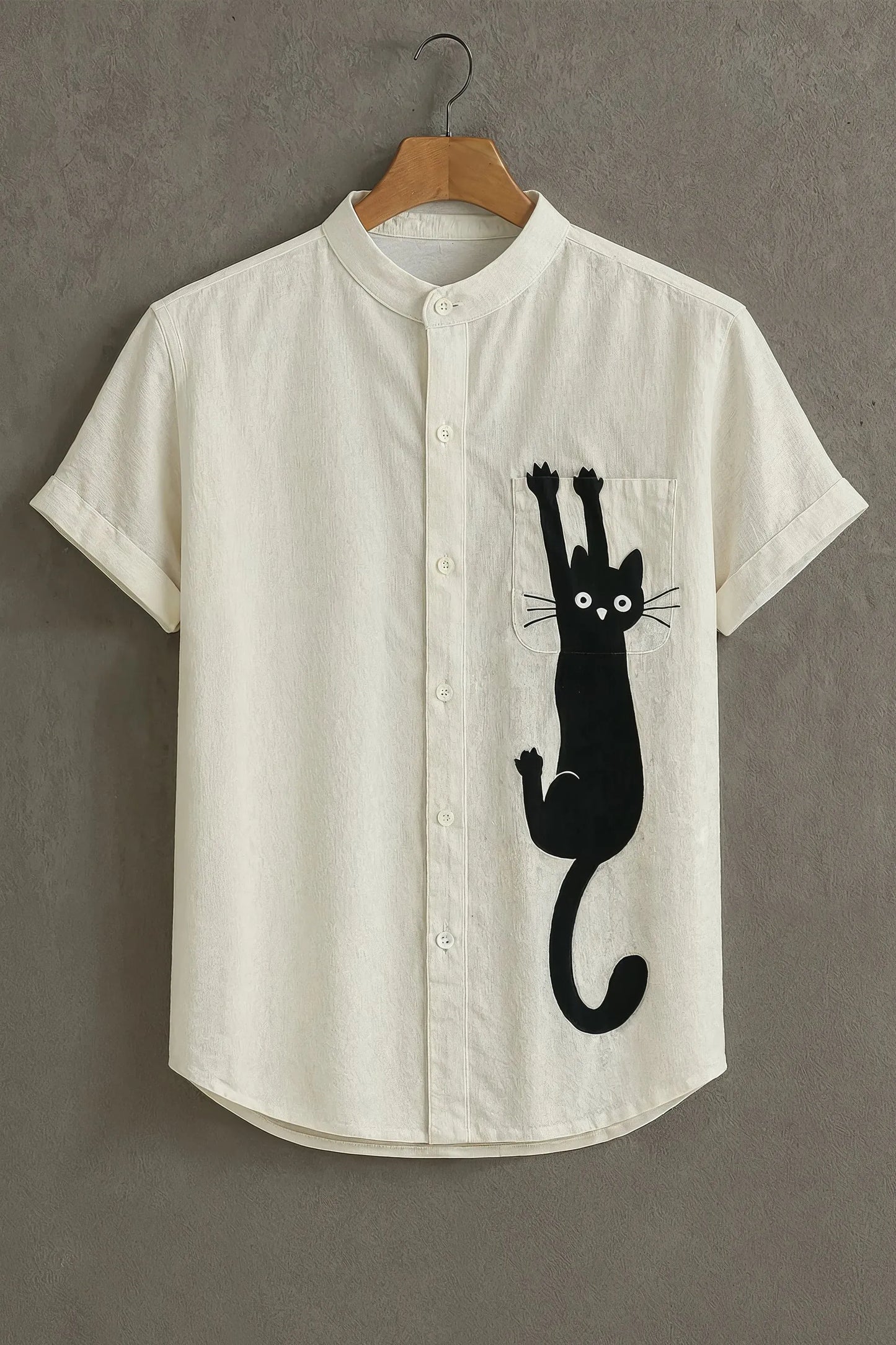 Premium Black Cat Graphic Mandarin Collar Shirt