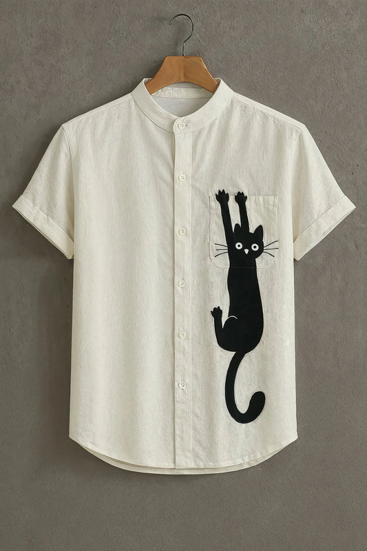 Premium Black Cat Graphic Mandarin Collar Shirt