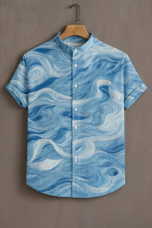 Premium Blue Abstract Wave Print Mandarin Collar Shirt