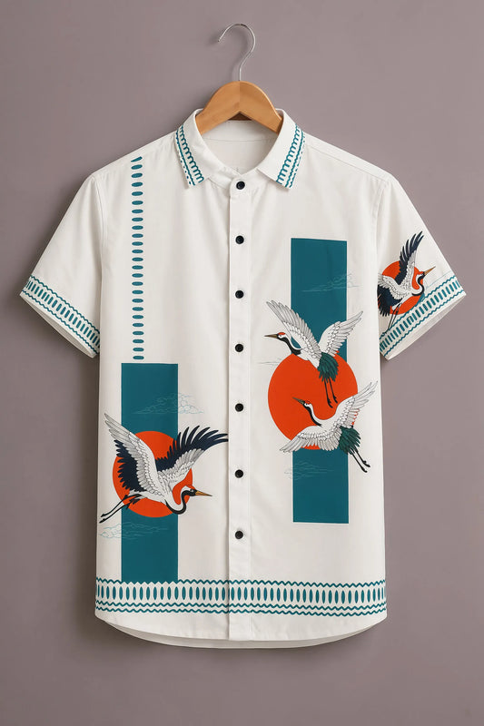 Premium White Crane & Geometric Print Shirt