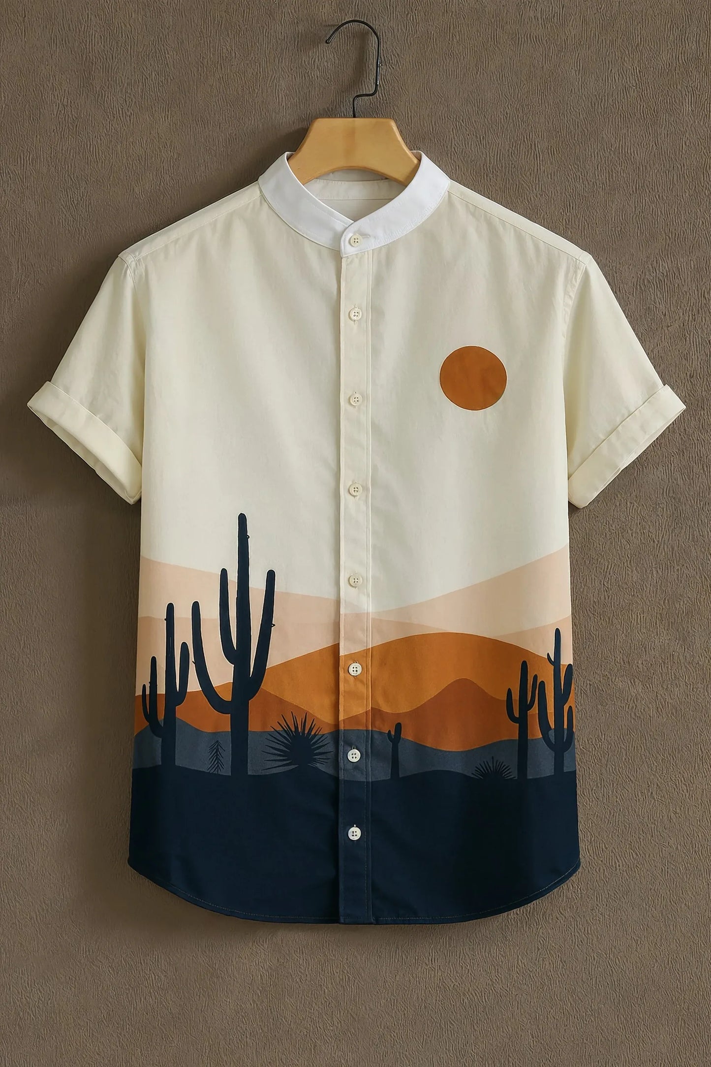 Premium Desert Cactus Sunset Graphic Mandarin Collar Shirt