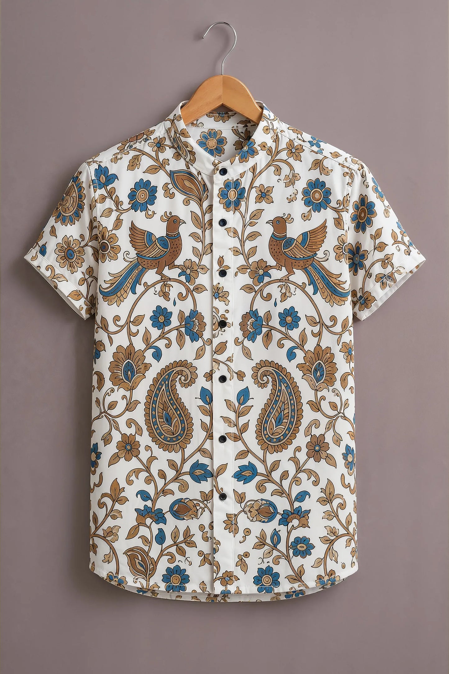 Premium White Blue Floral Peacock Print Mandarin Collar Shirt