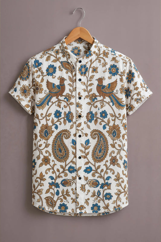 Premium White Blue Floral Peacock Print Mandarin Collar Shirt