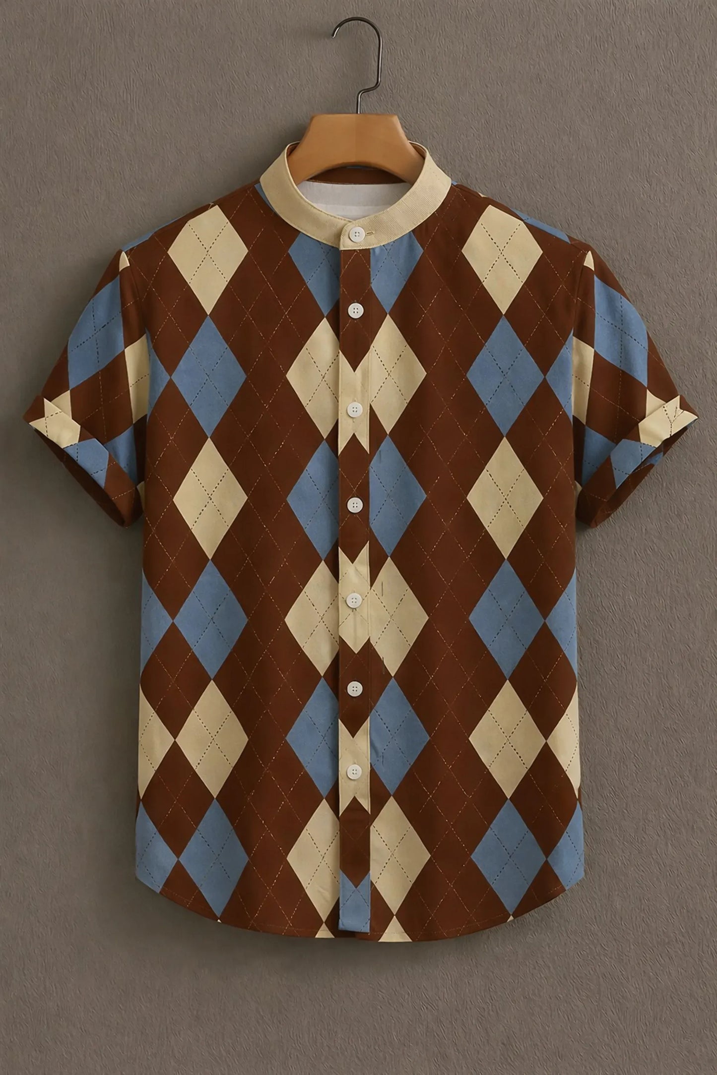 Premium Brown Blue Argyle Pattern Mandarin Collar Shirt