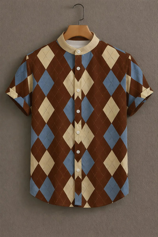 Premium Brown Blue Argyle Pattern Mandarin Collar Shirt