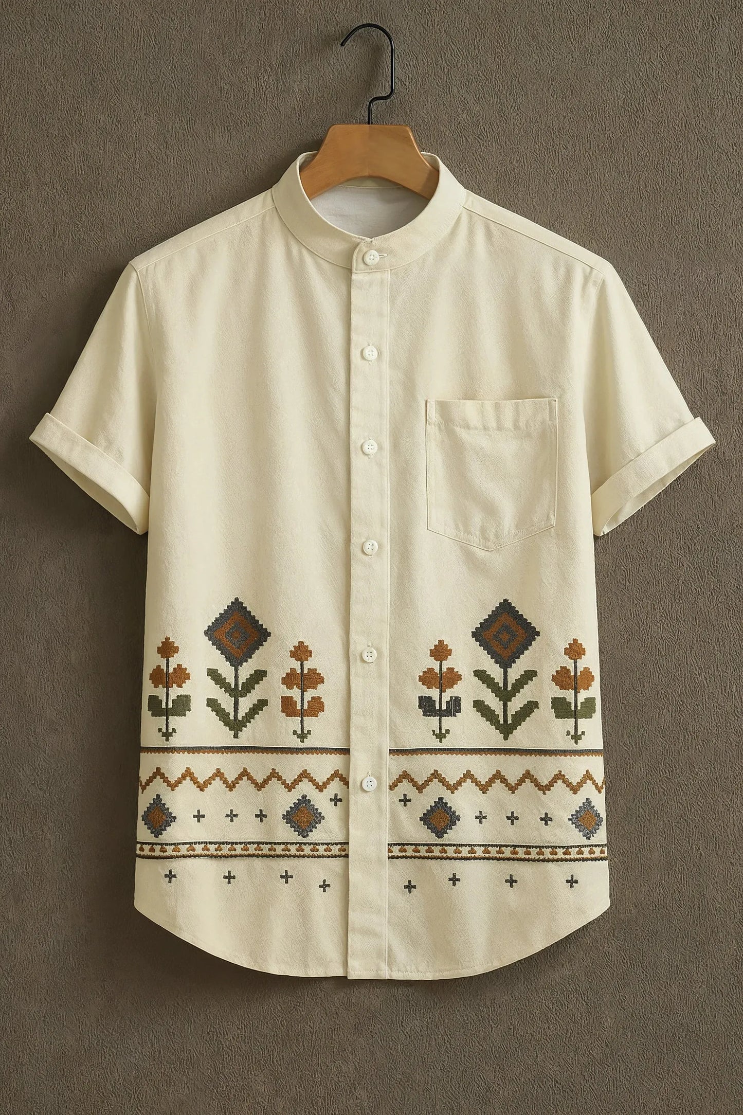 Premium Embroidered Floral Geometric Mandarin Collar Shirt