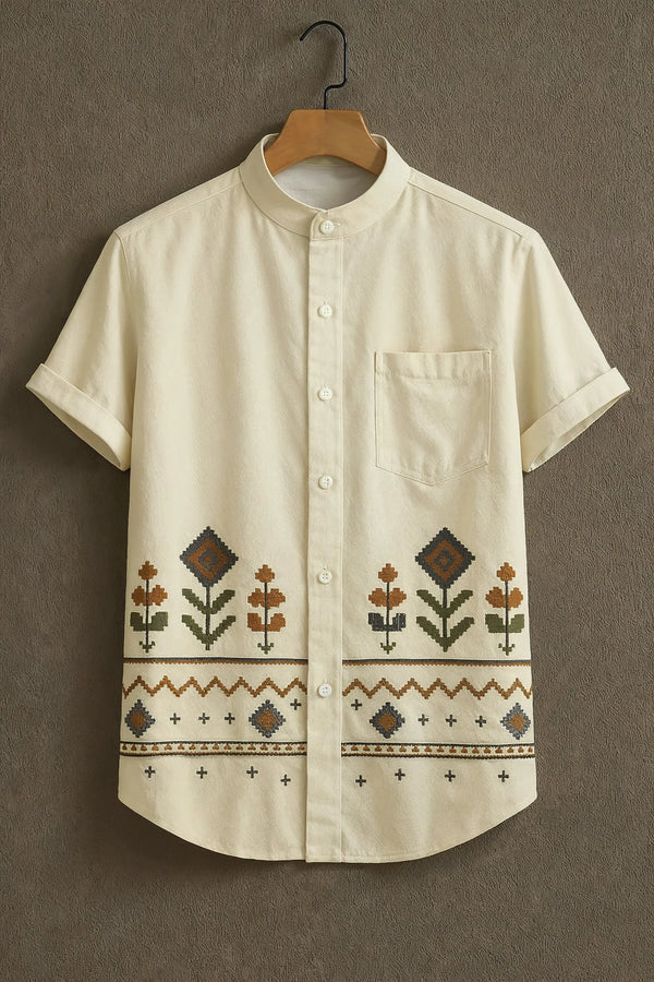Premium Embroidered Floral Geometric Mandarin Collar Shirt