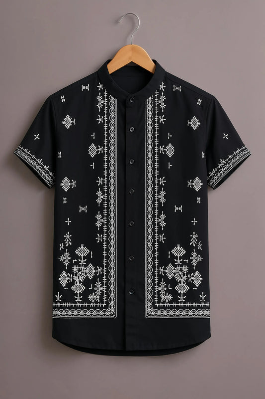 Premium Black Ethnic Embroidered Mandarin Collar Shirt