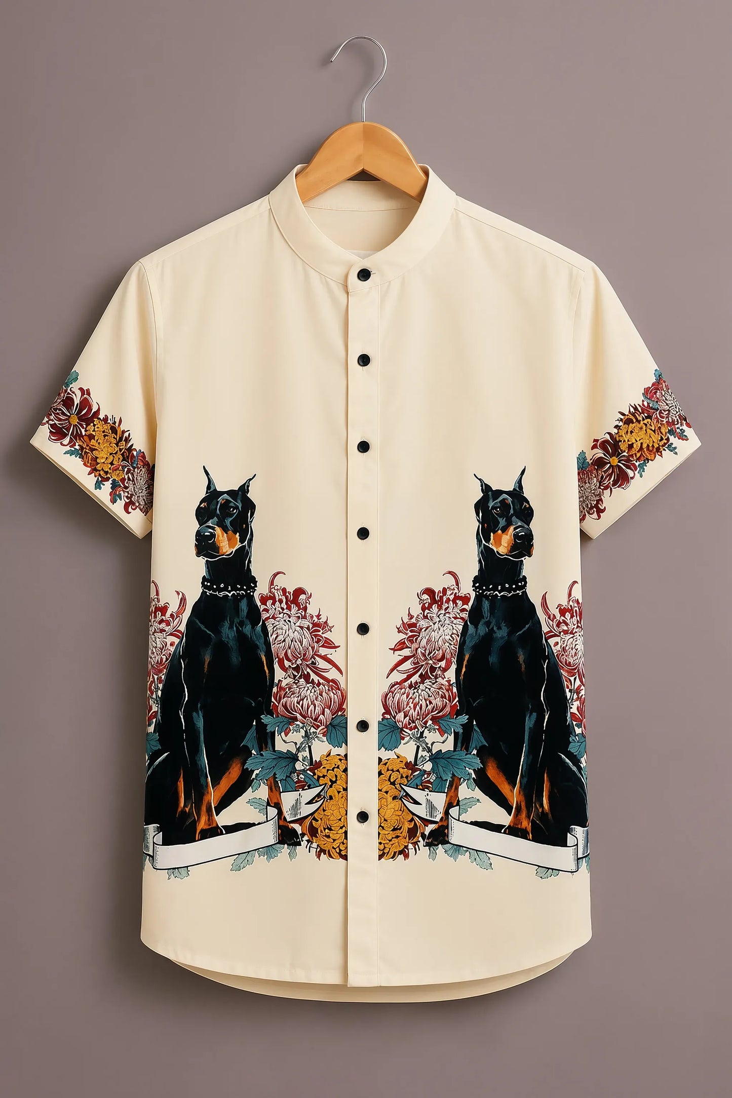 Premium Cream Doberman Floral Print Mandarin Collar Shirt