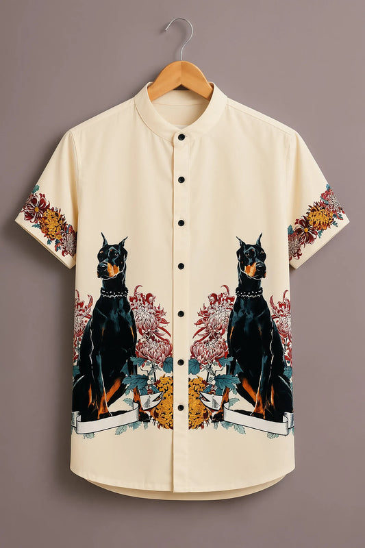 Premium Cream Doberman Floral Print Mandarin Collar Shirt