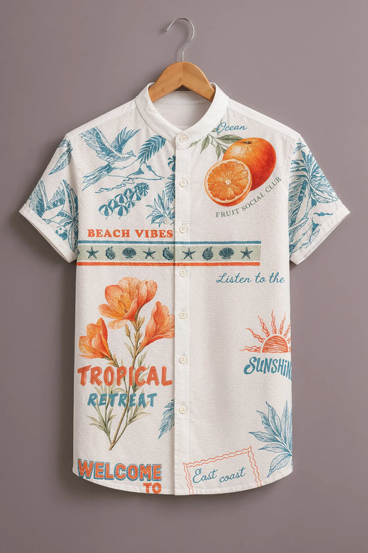 Premium Tropical Beach Vibes Printed Mandarin Collar Shirt