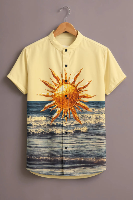 Premium Yellow Sun & Ocean Print Mandarin Collar Shirt