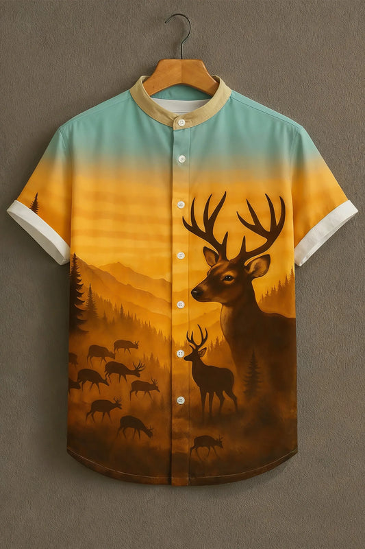 Premium Sunset Deer Forest Print Mandarin Collar Shirt