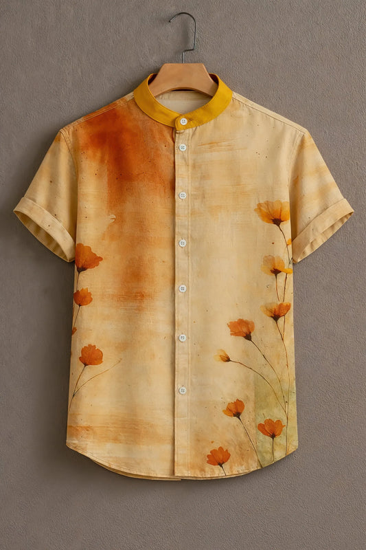 Premium Beige Orange Floral Print Mandarin Collar Shirt
