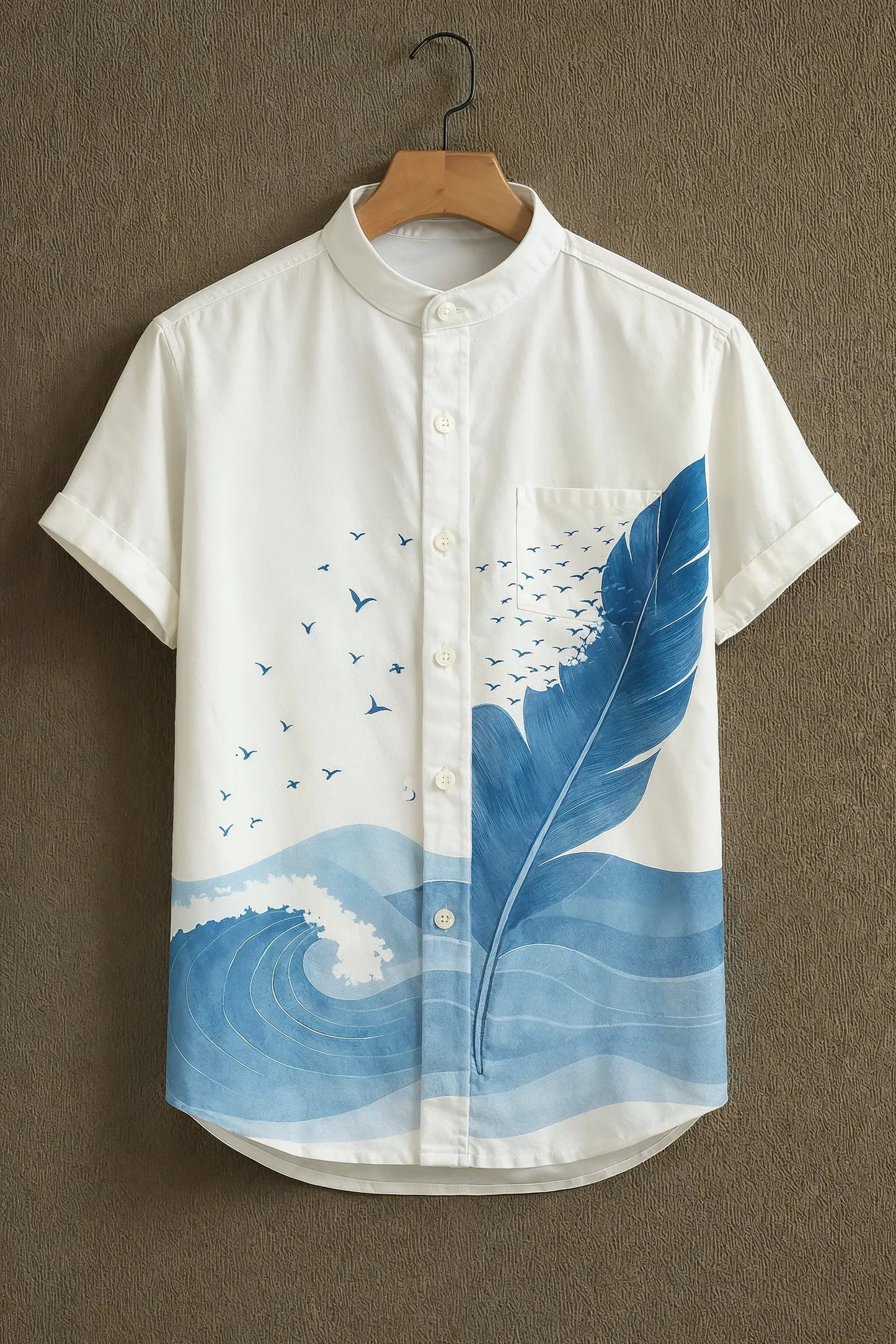 Premium Blue Feather & Ocean Wave Mandarin Collar Shirt