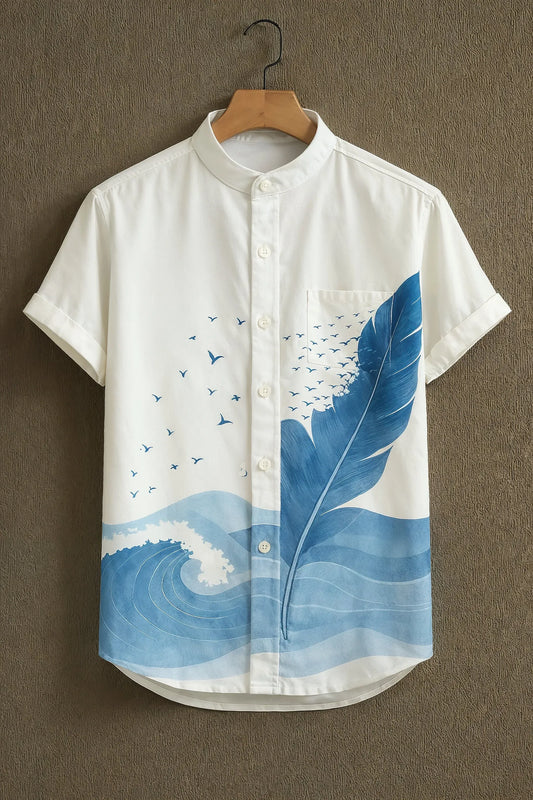 Premium Blue Feather & Ocean Wave Mandarin Collar Shirt