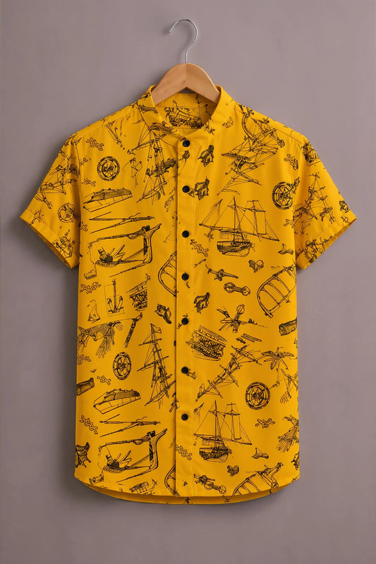 Premium Yellow Vintage Nautical Print Mandarin Collar Shirt