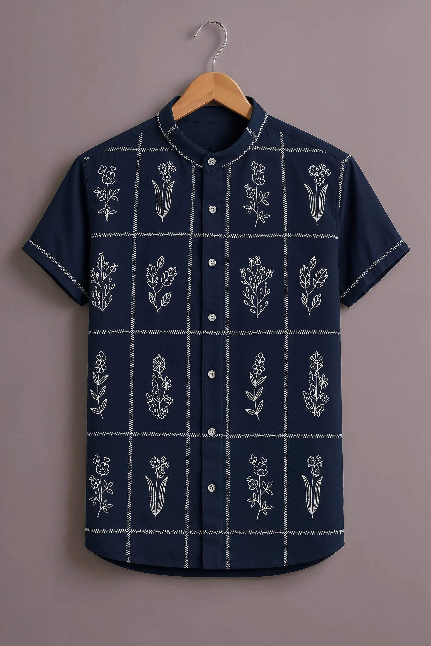 Premium Navy Blue Floral Grid Mandarin Collar Shirt