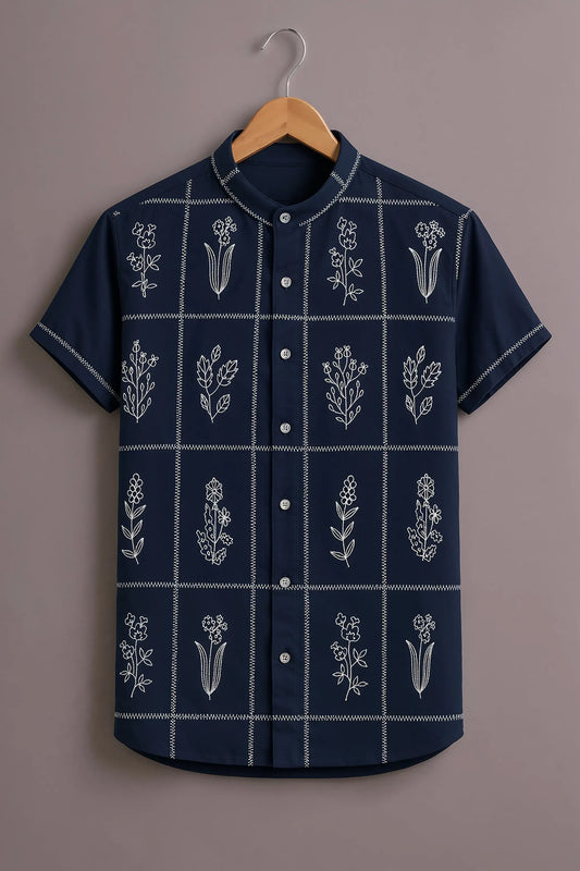 Premium Navy Blue Floral Grid Mandarin Collar Shirt