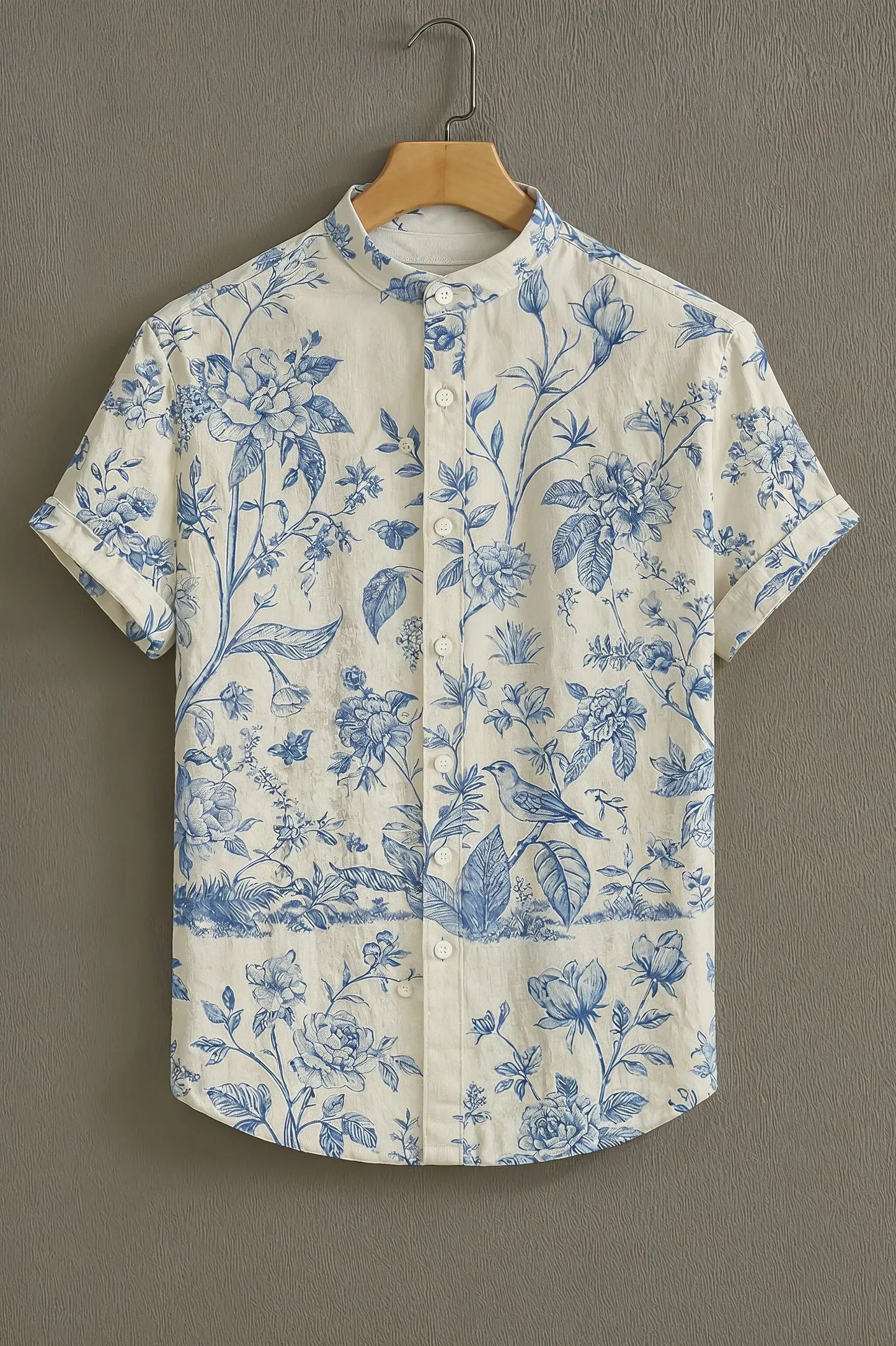 Premium Blue Floral Garden Print Mandarin Collar Shirt