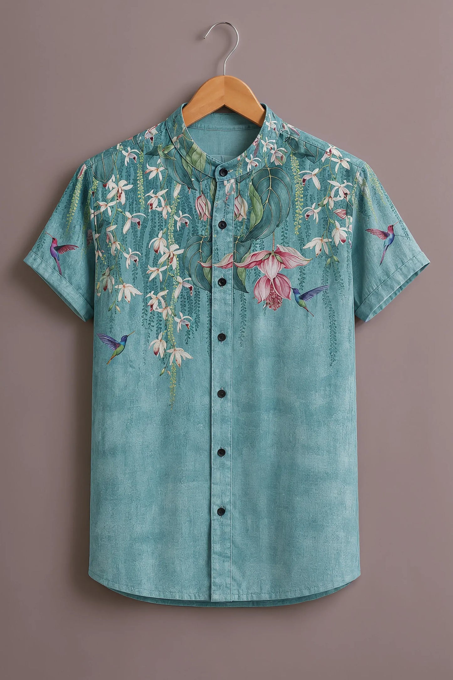 Premium Turquoise Floral Hummingbird Mandarin Collar Shirt