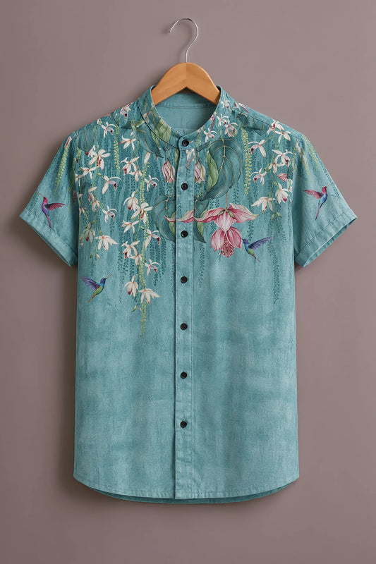 Premium Turquoise Floral Hummingbird Mandarin Collar Shirt