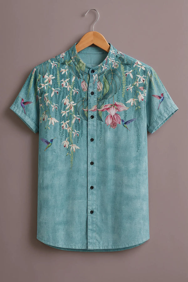 Premium Turquoise Floral Hummingbird Mandarin Collar Shirt