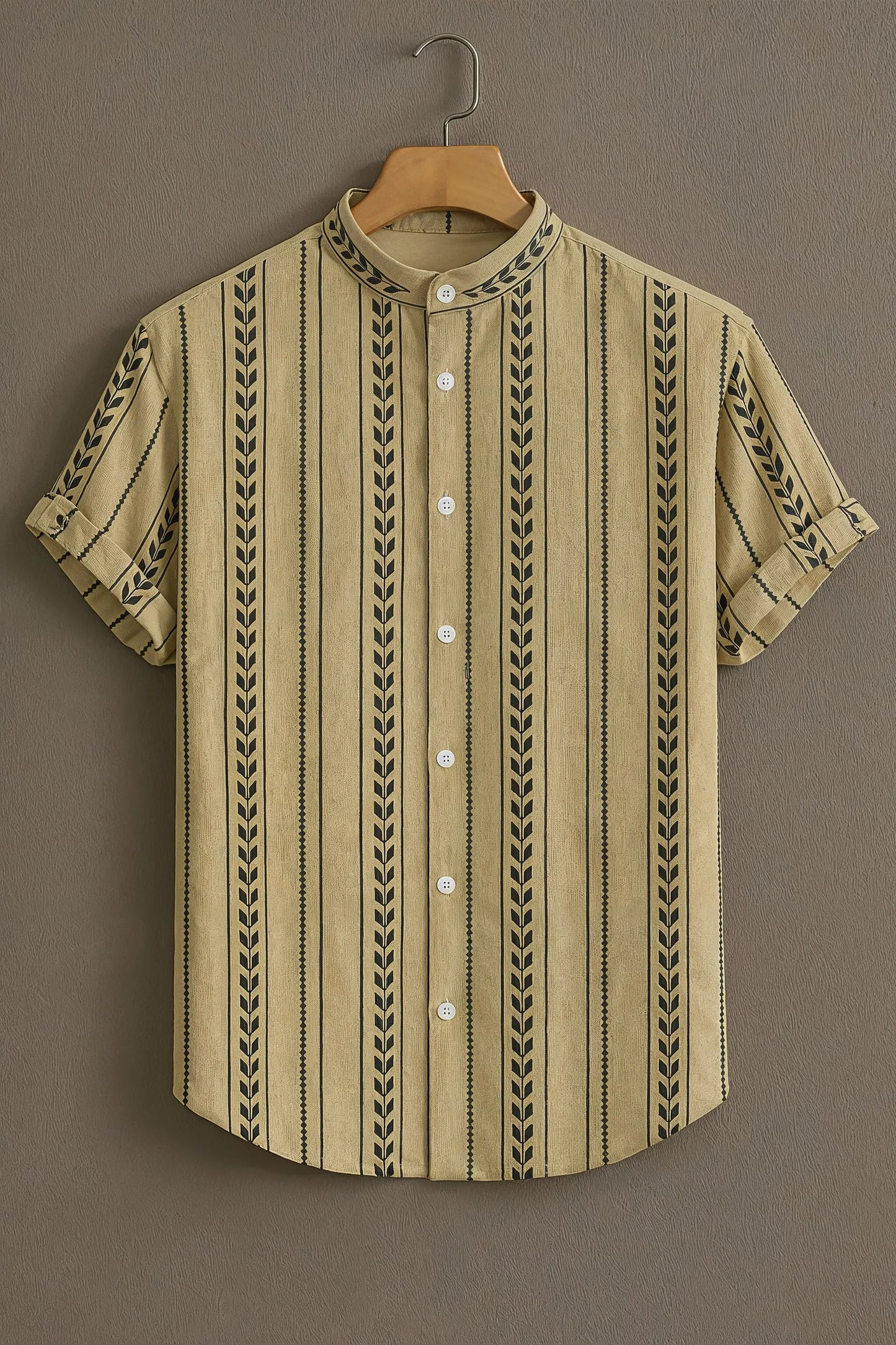 Premium Beige Black Leaf Stripe Mandarin Collar Shirt