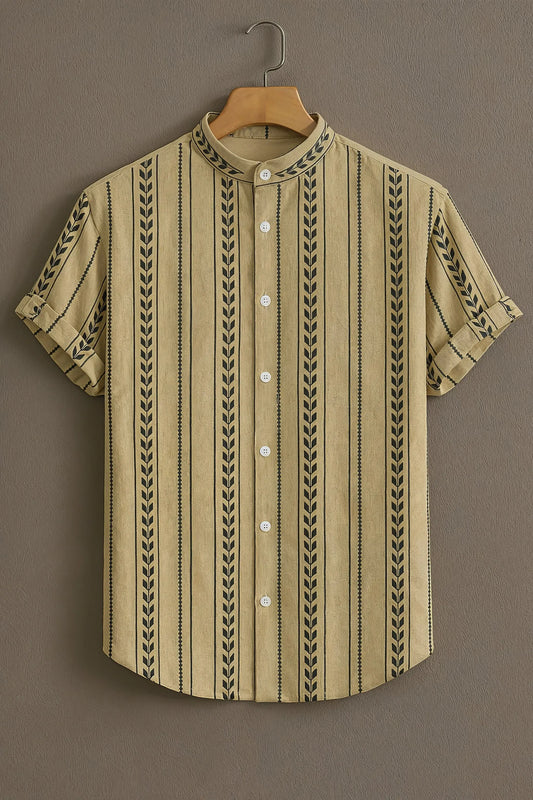 Premium Beige Black Leaf Stripe Mandarin Collar Shirt