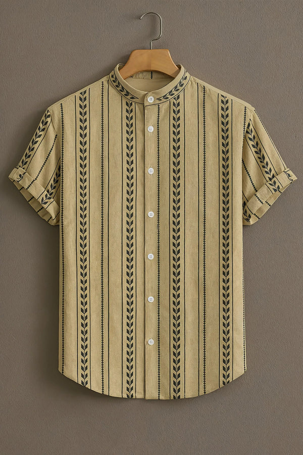 Premium Beige Black Leaf Stripe Mandarin Collar Shirt