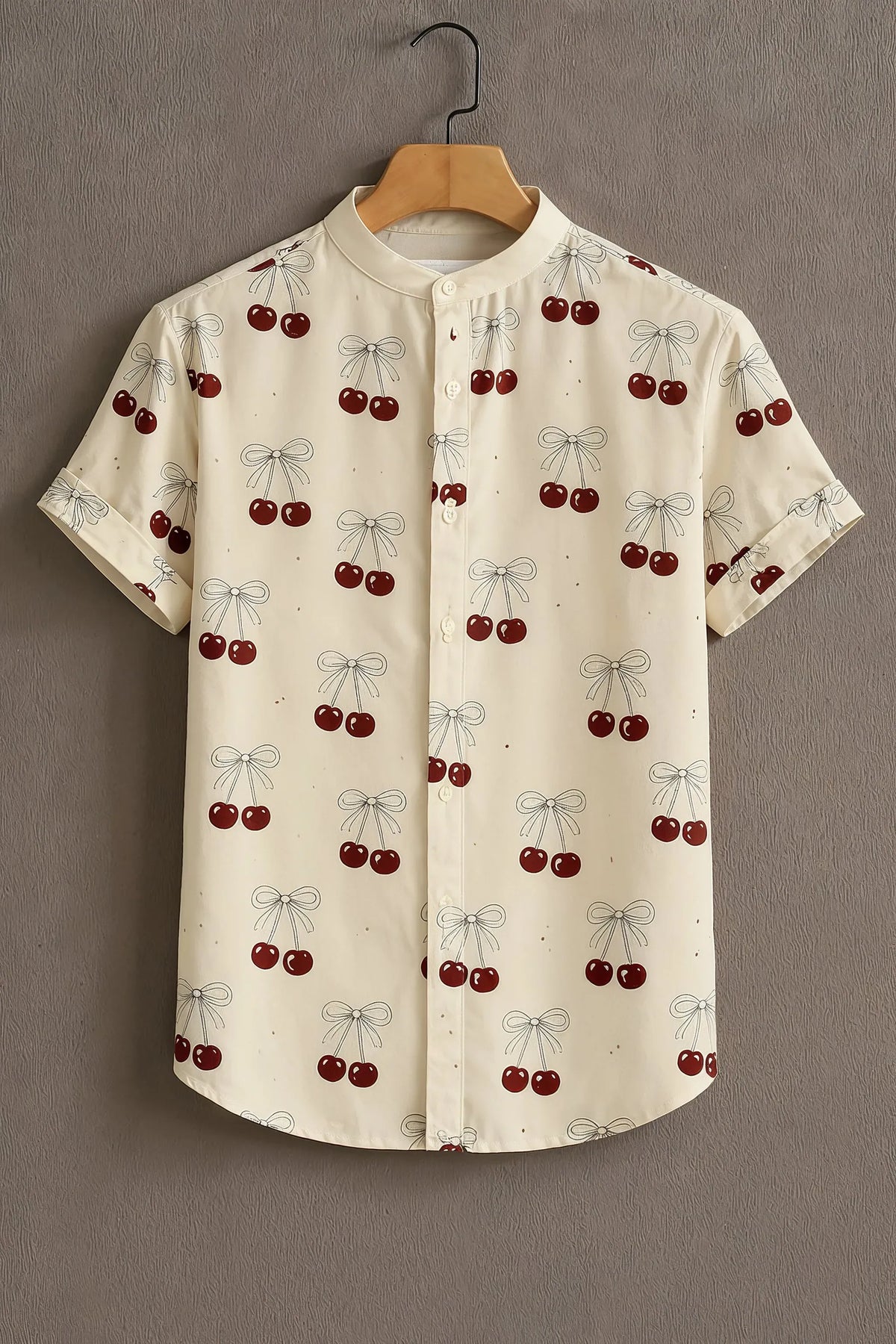 Cream Cherry Bow Print Mandarin Collar Shirt