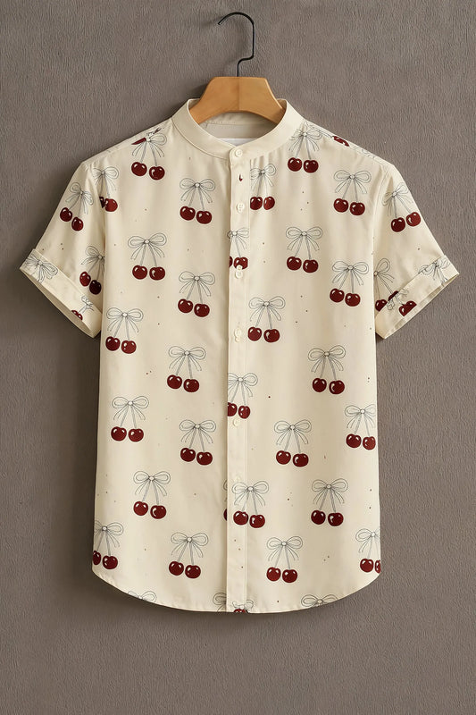 Cream Cherry Bow Print Mandarin Collar Shirt