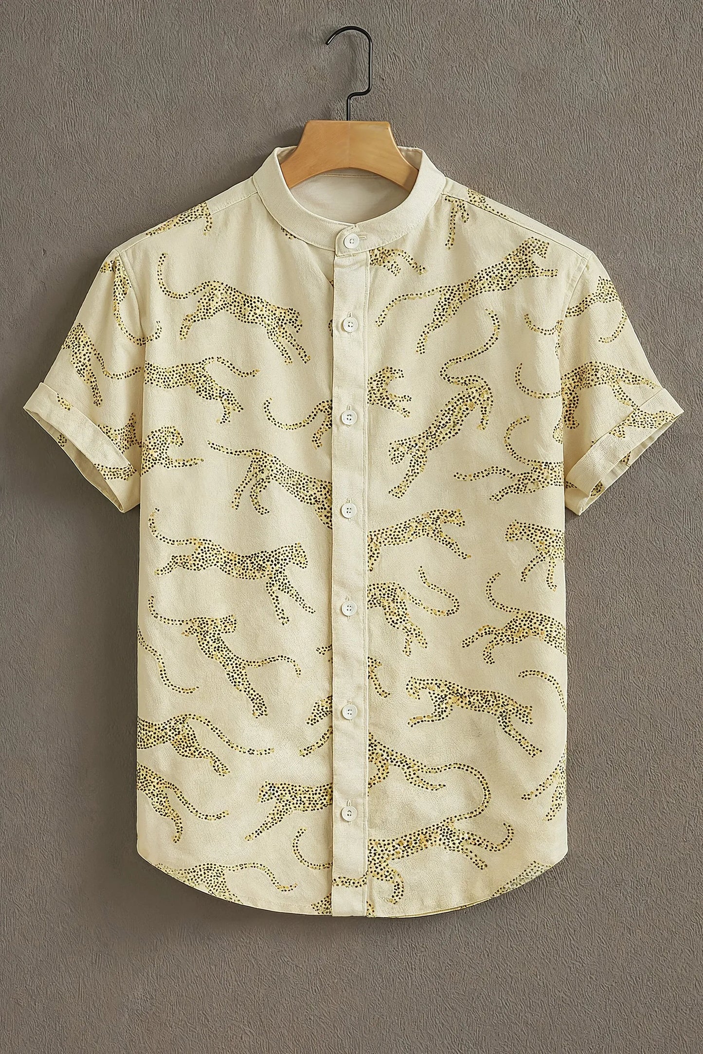 Cream Leopard Print Mandarin Collar Shirt