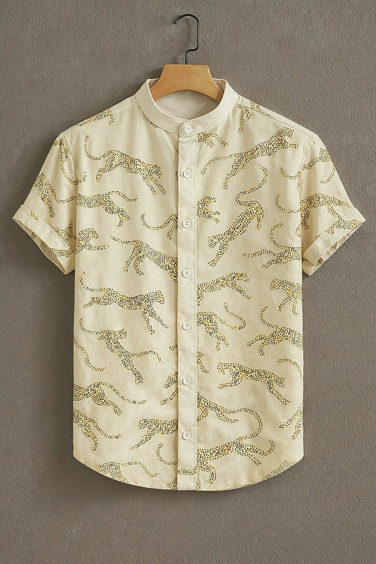 Cream Leopard Print Mandarin Collar Shirt