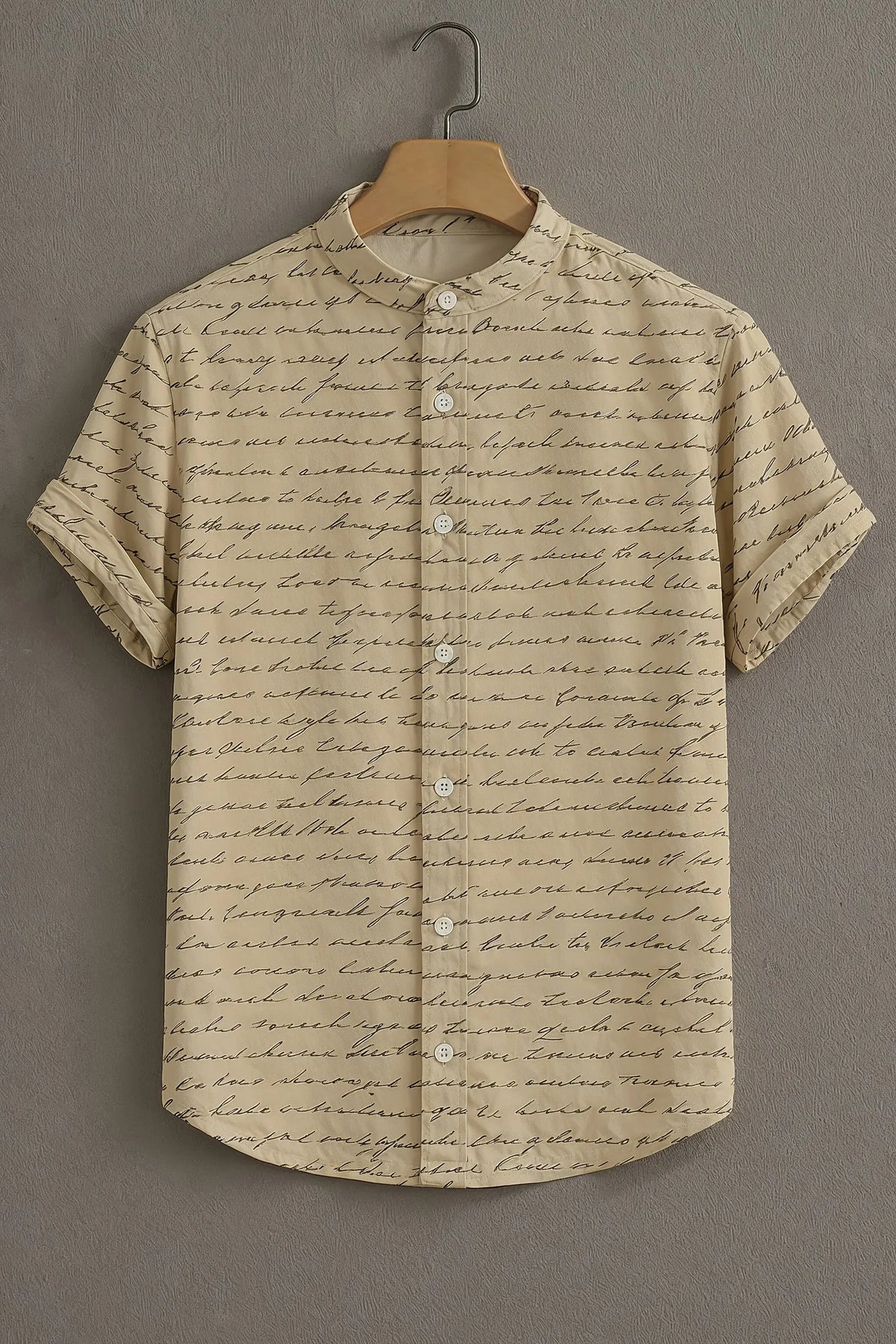 Premium Beige Script Print Mandarin Collar Shirt
