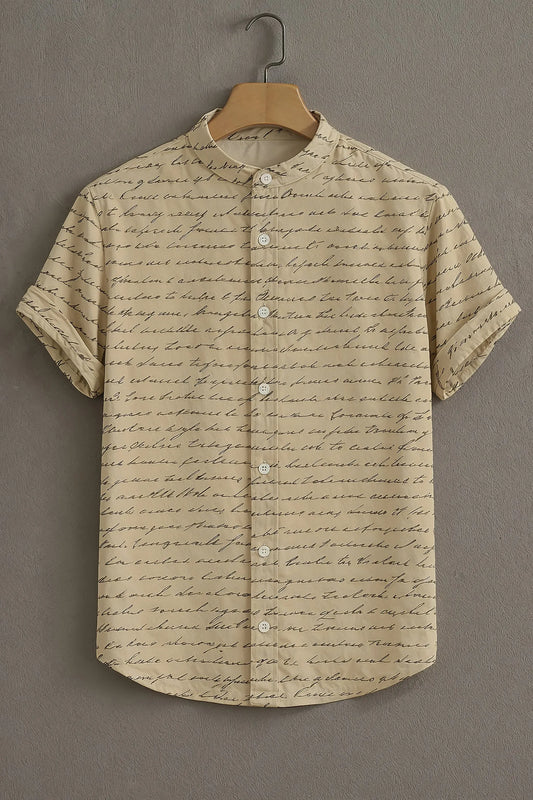 Premium Beige Script Print Mandarin Collar Shirt