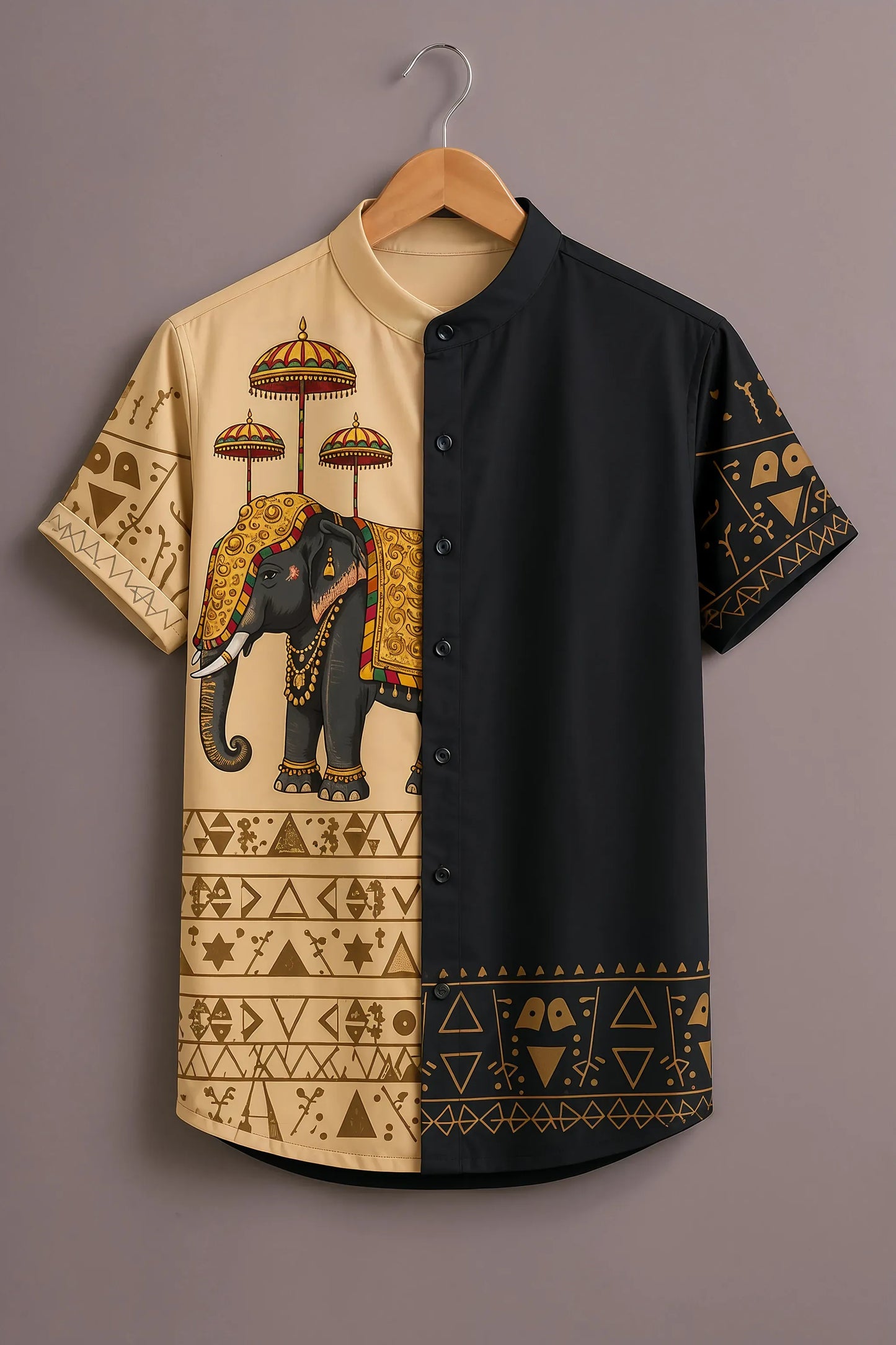 Premium Black & Beige Elephant Print Mandarin Collar Shirt