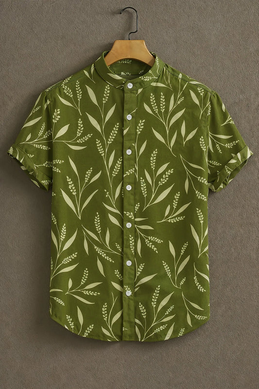 Premium Olive Green Botanical Leaf Print Mandarin Collar Shirt
