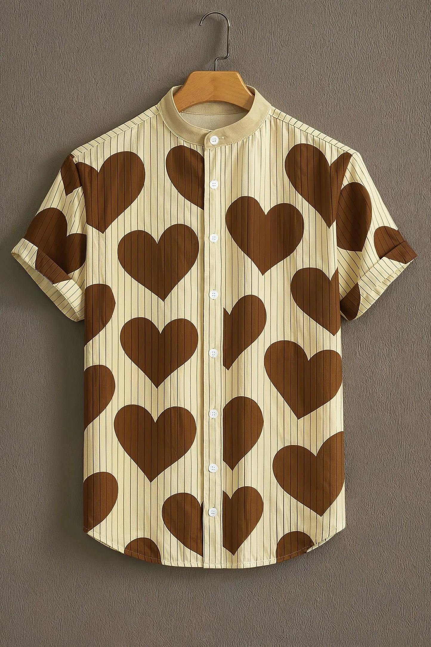 Cream Brown Heart Print Mandarin Collar Shirt