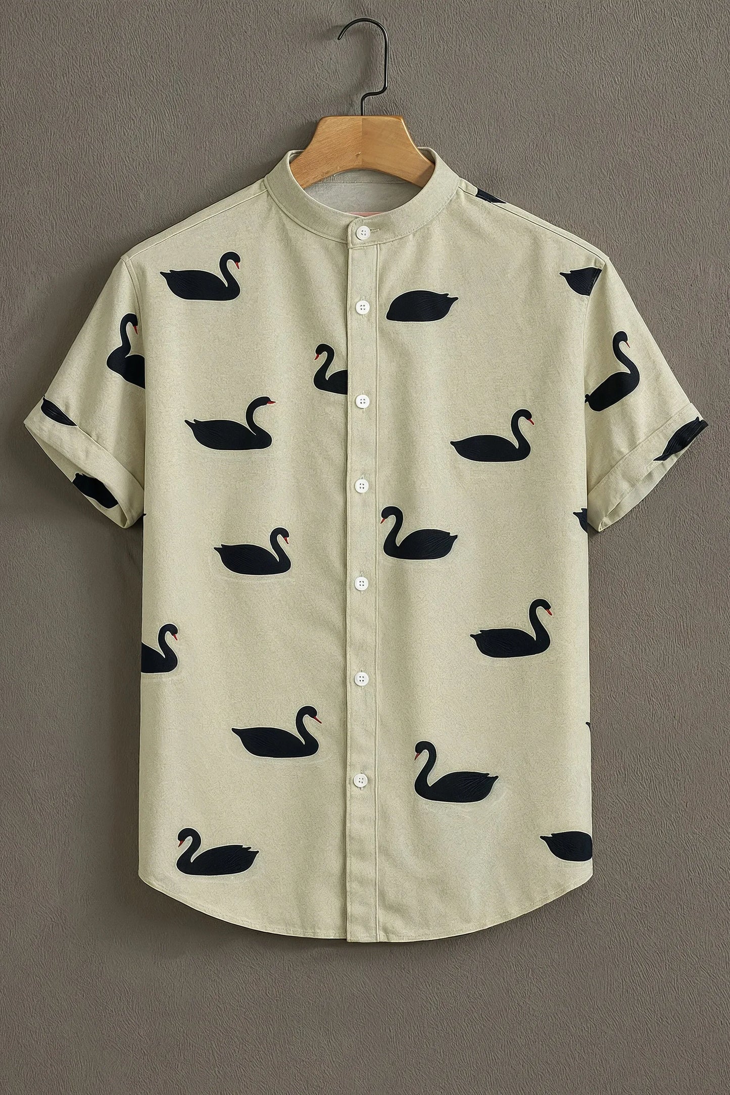 Cream Black Swan Print Mandarin Collar Shirt