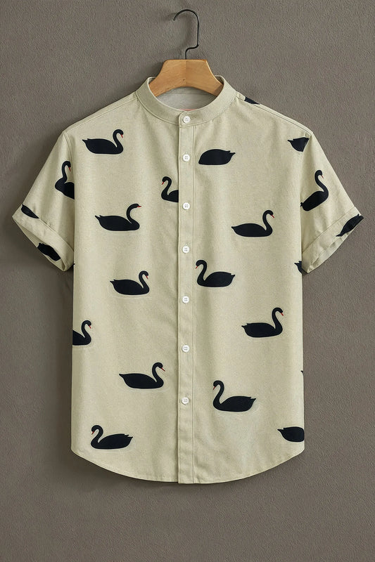 Cream Black Swan Print Mandarin Collar Shirt