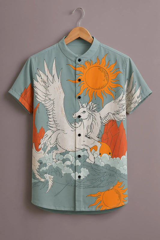 Premium Sage Blue Pegasus & Sun Print Mandarin Collar Shirt