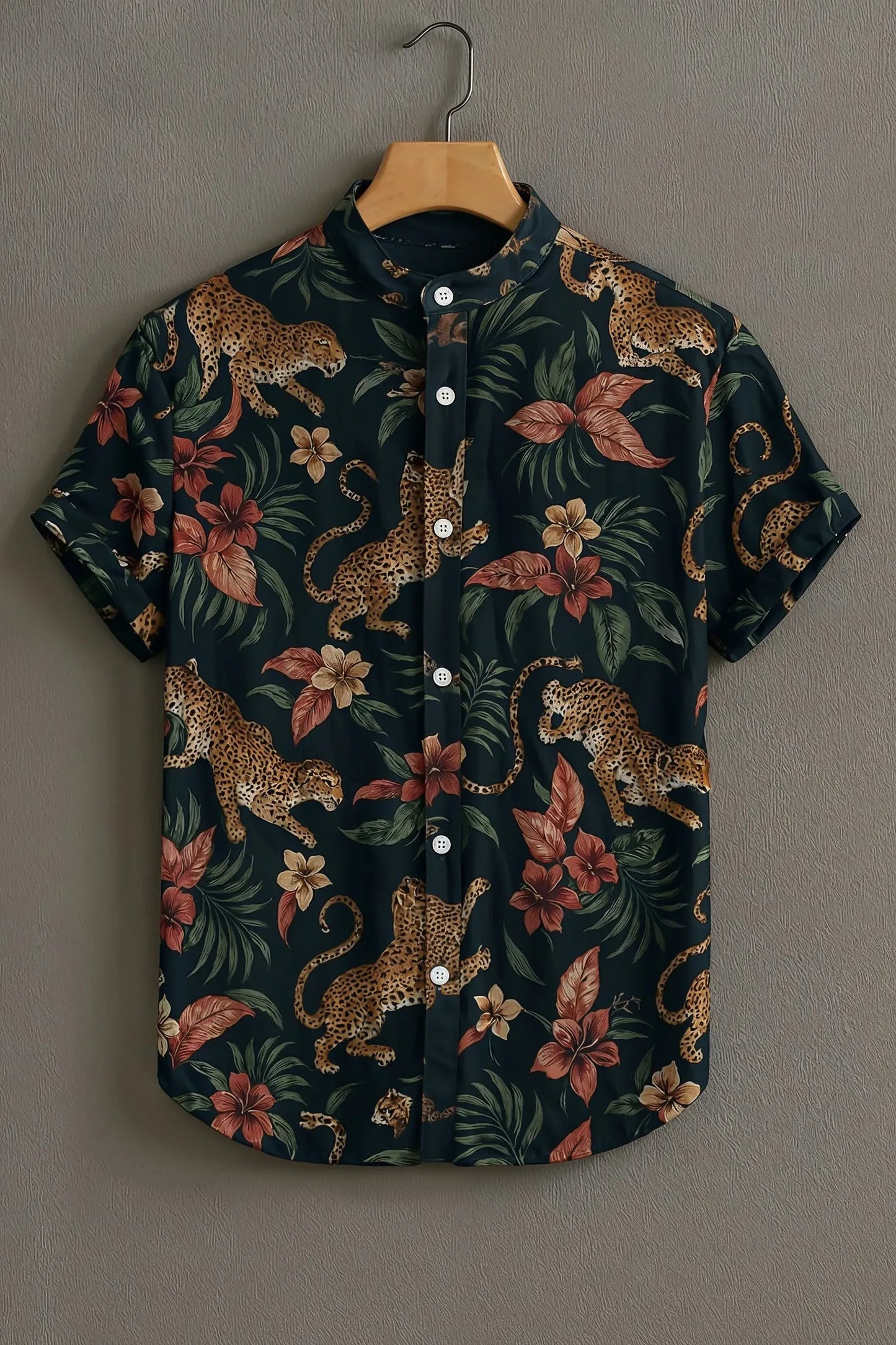 Premium Tropical Leopard Floral Mandarin Collar Shirt